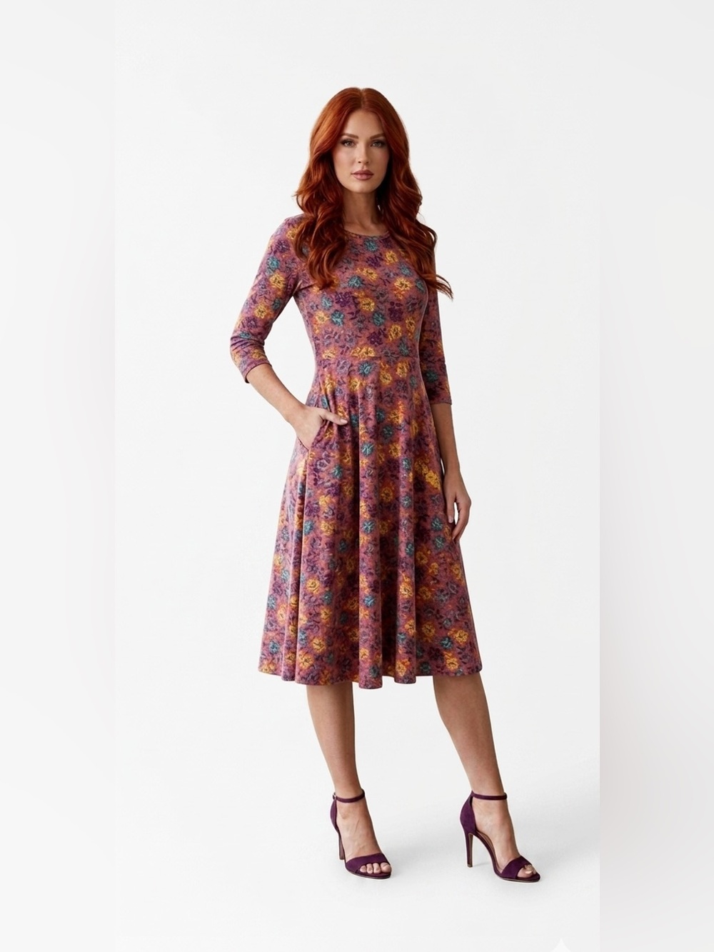 LuLaRoe Colorful Floral Fit & Flare Midi Dress 3/4 Sleeve Pockets